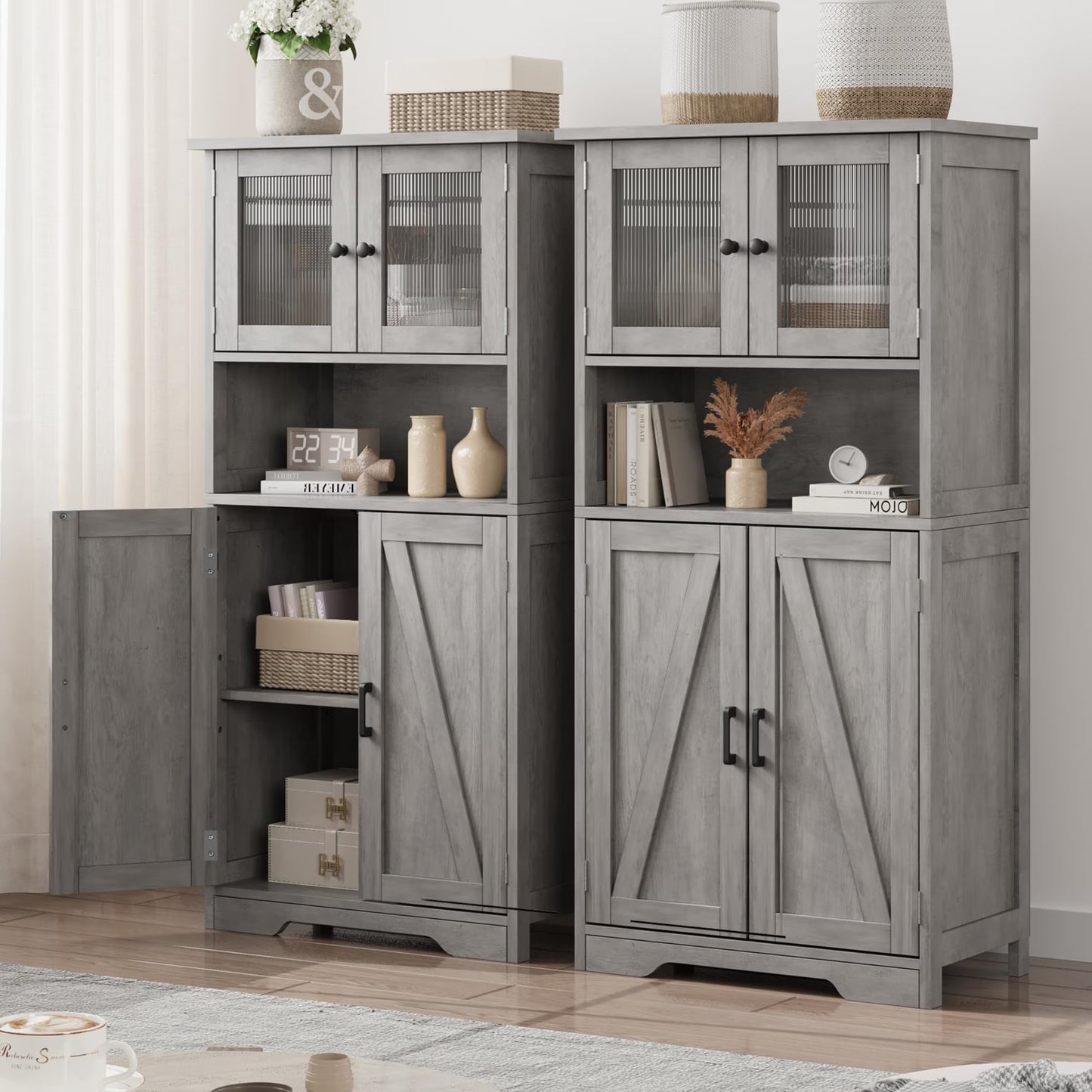 AOILE Farmhouse Bathroom Storage Cabinet with Glass Doors & Adjustable Shelves, Freestanding Kitchen Pantry Cabinet