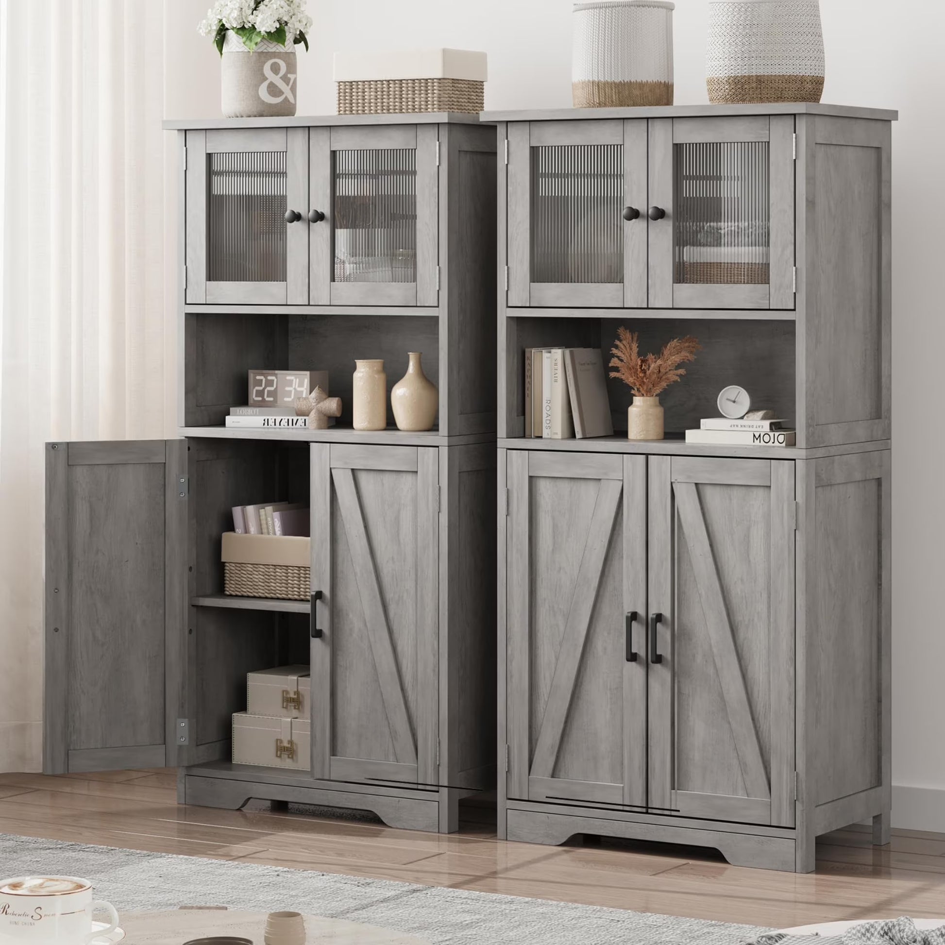 AOILE Farmhouse Bathroom Storage Cabinet with Glass Doors & Adjustable Shelves, Freestanding Kitchen Pantry Cabinet