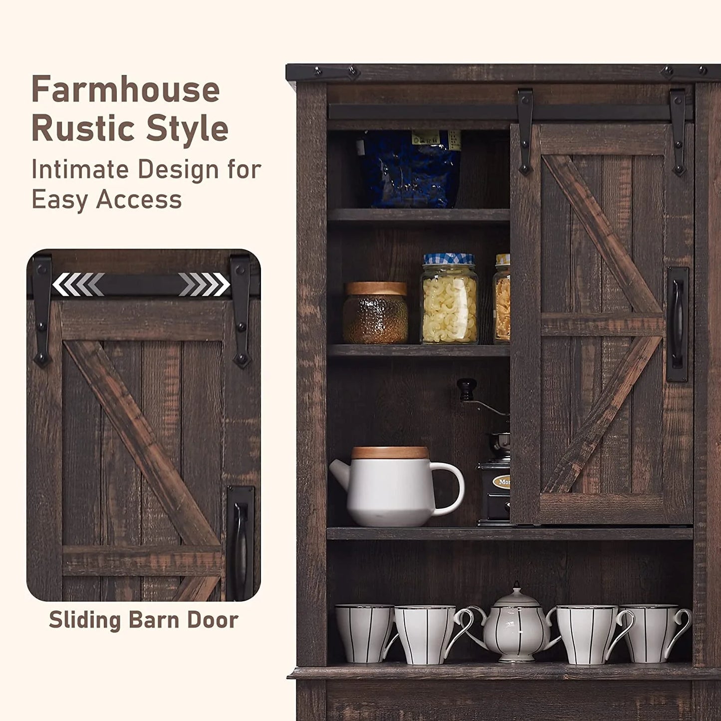 OKD 68In Farmhouse Over The Toilet Storage Cabinet with Sliding Bathroom Organizers and Storage Barn Door & Adjustable Shelves, Dark Rustic Oak