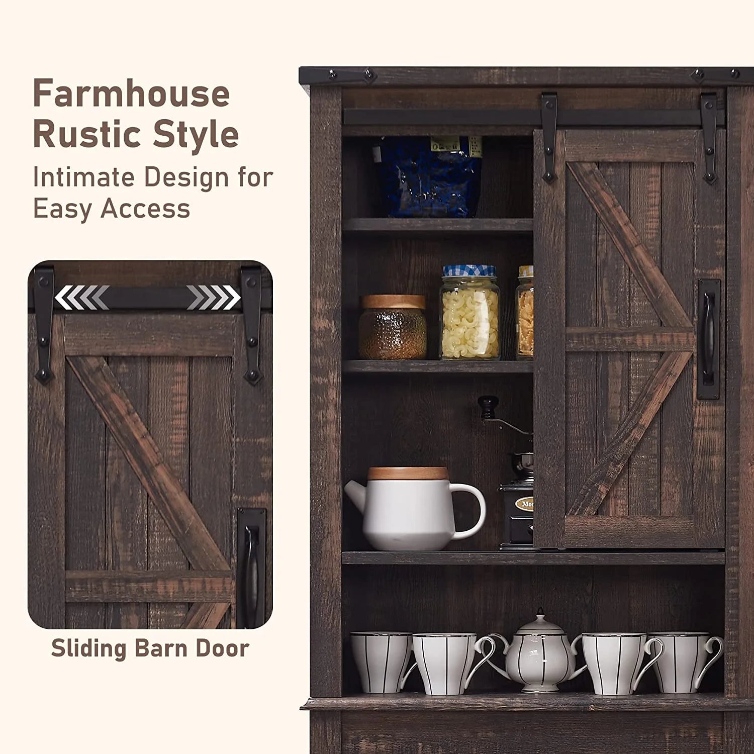 OKD 68In Farmhouse Over The Toilet Storage Cabinet with Sliding Bathroom Organizers and Storage Barn Door & Adjustable Shelves, Dark Rustic Oak