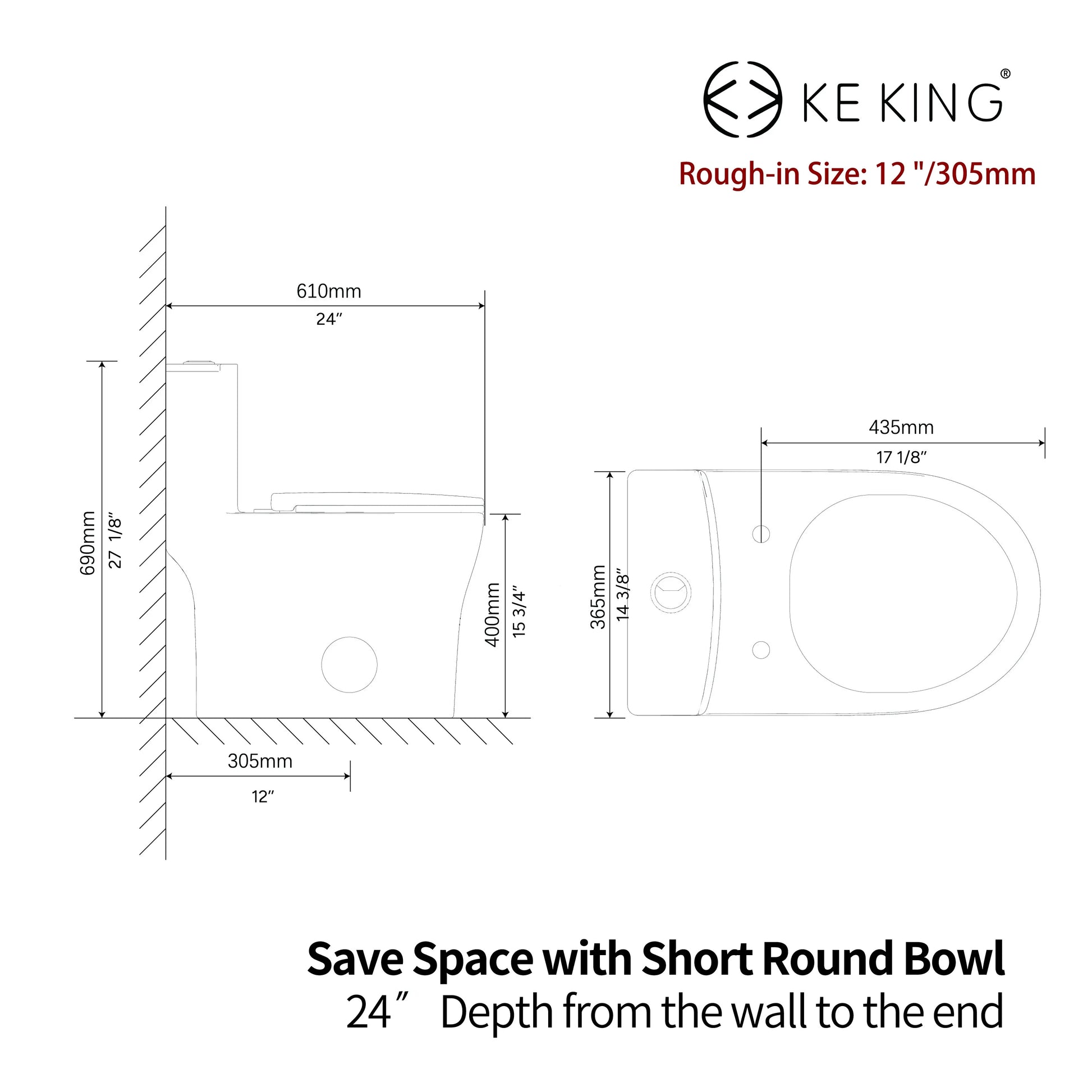 KK KE KING Quiet & Powerful Flush Round Compact One Piece Toilet for Small Bathroom, Space Saving, 12'' Rough-In