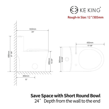 KK KE KING Quiet & Powerful Flush Round Compact One Piece Toilet for Small Bathroom, Space Saving, 12'' Rough-In