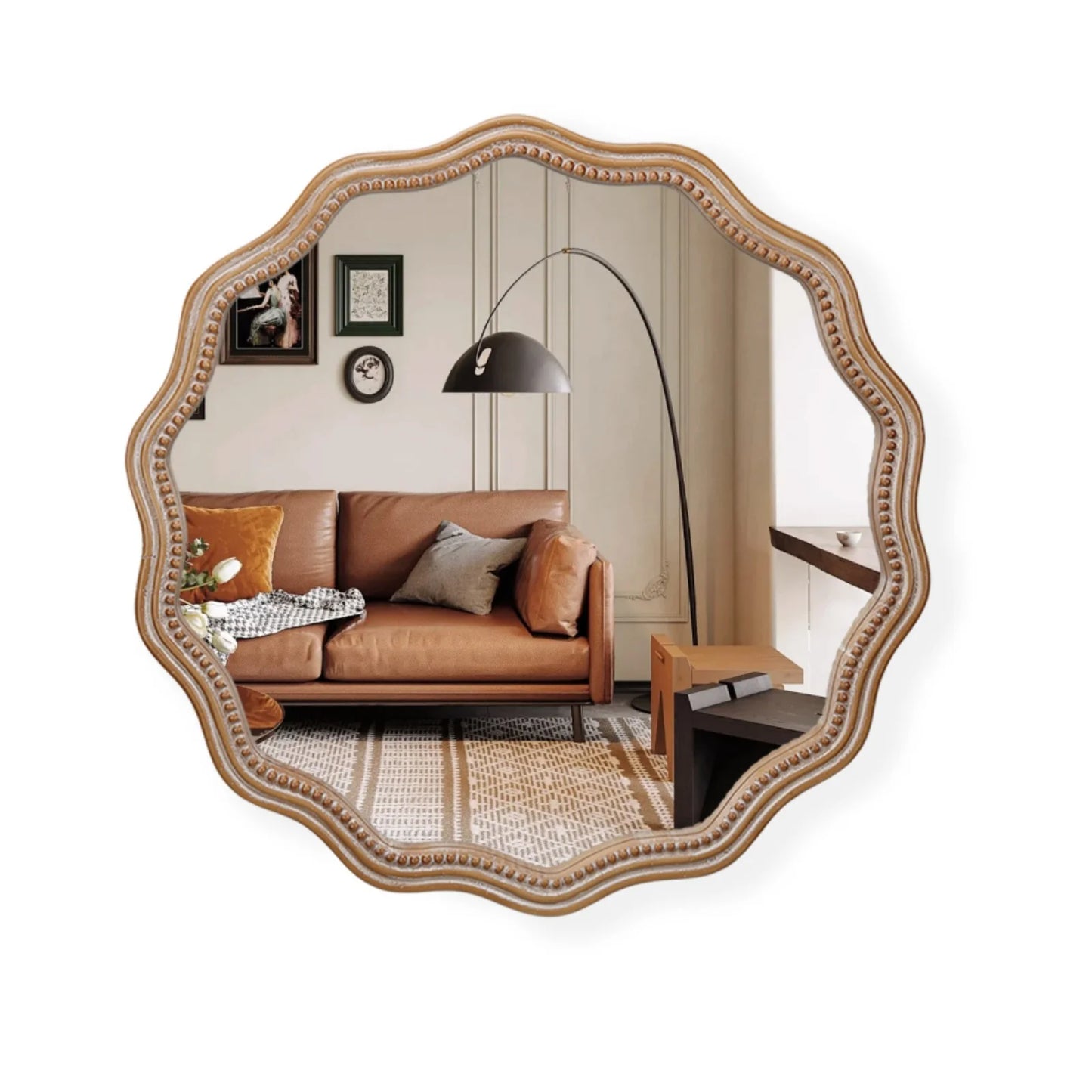 Honeey 24 Inch Circular Wave Wall Mirror, Large Decorative Wooden Frame Hanging Circular Mirror, Modern Farmhouse Decoration, Suitable for Bathroom, Living Room, Daycare Decoration