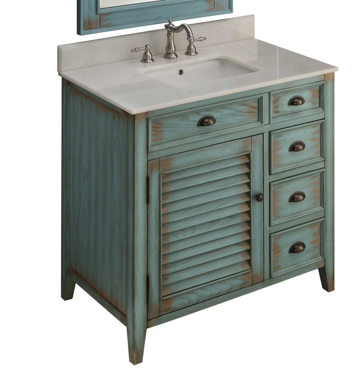 Benton Collection 36" Distressed Blue Farmhouse Bathroom Vanity with White Marble Top
