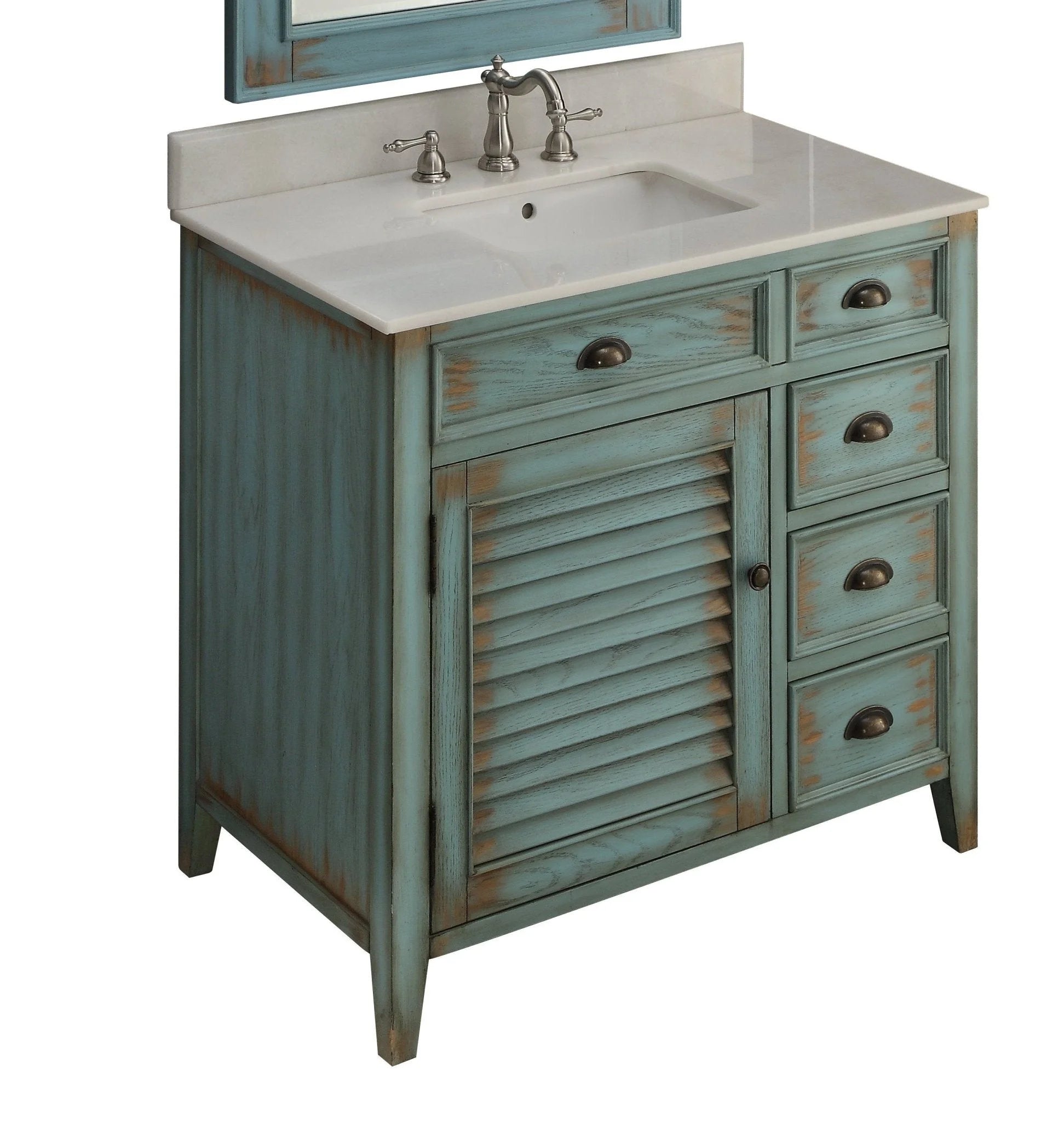 Benton Collection 36" Distressed Blue Farmhouse Bathroom Vanity with White Marble Top