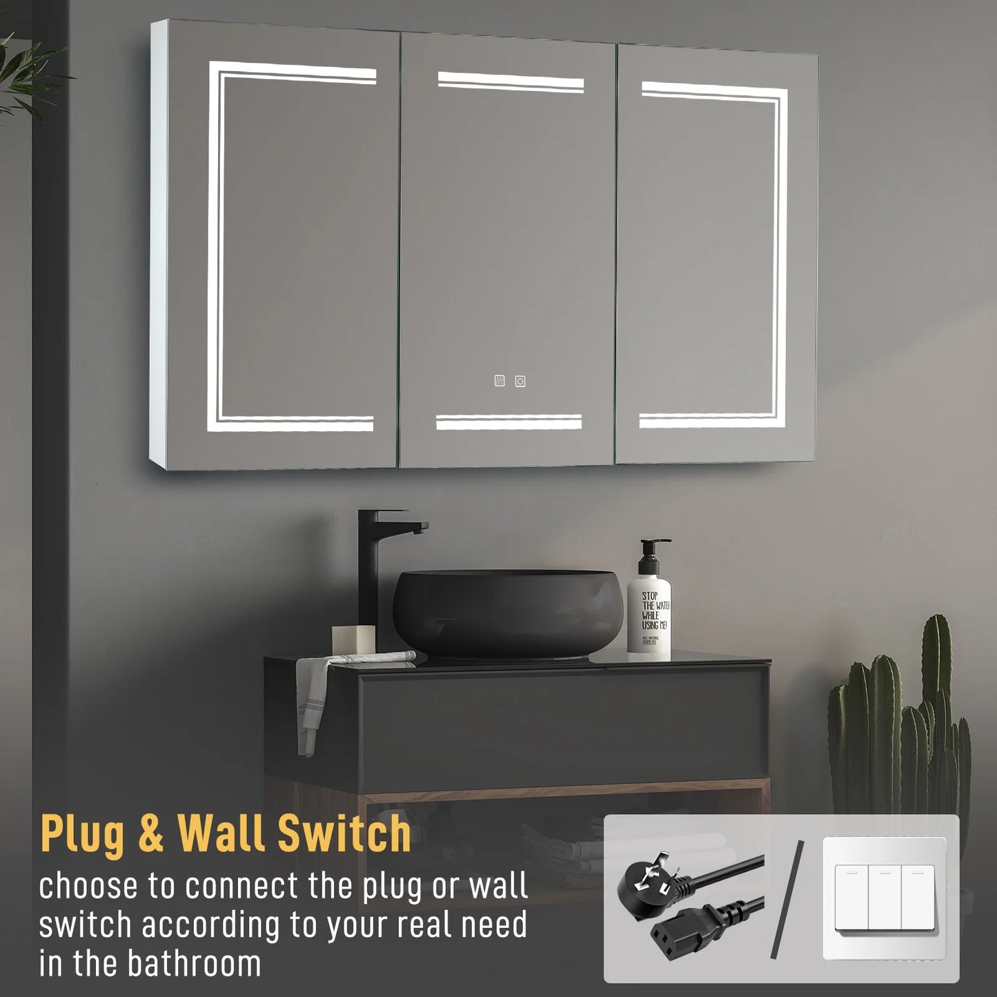 Ktaxon 48"x28" LED Bathroom Mirror Cabinet with Lights, Wall-Mounted Medicine w/ Defogger, Dimmable, Memory function, Outlets & USB, White