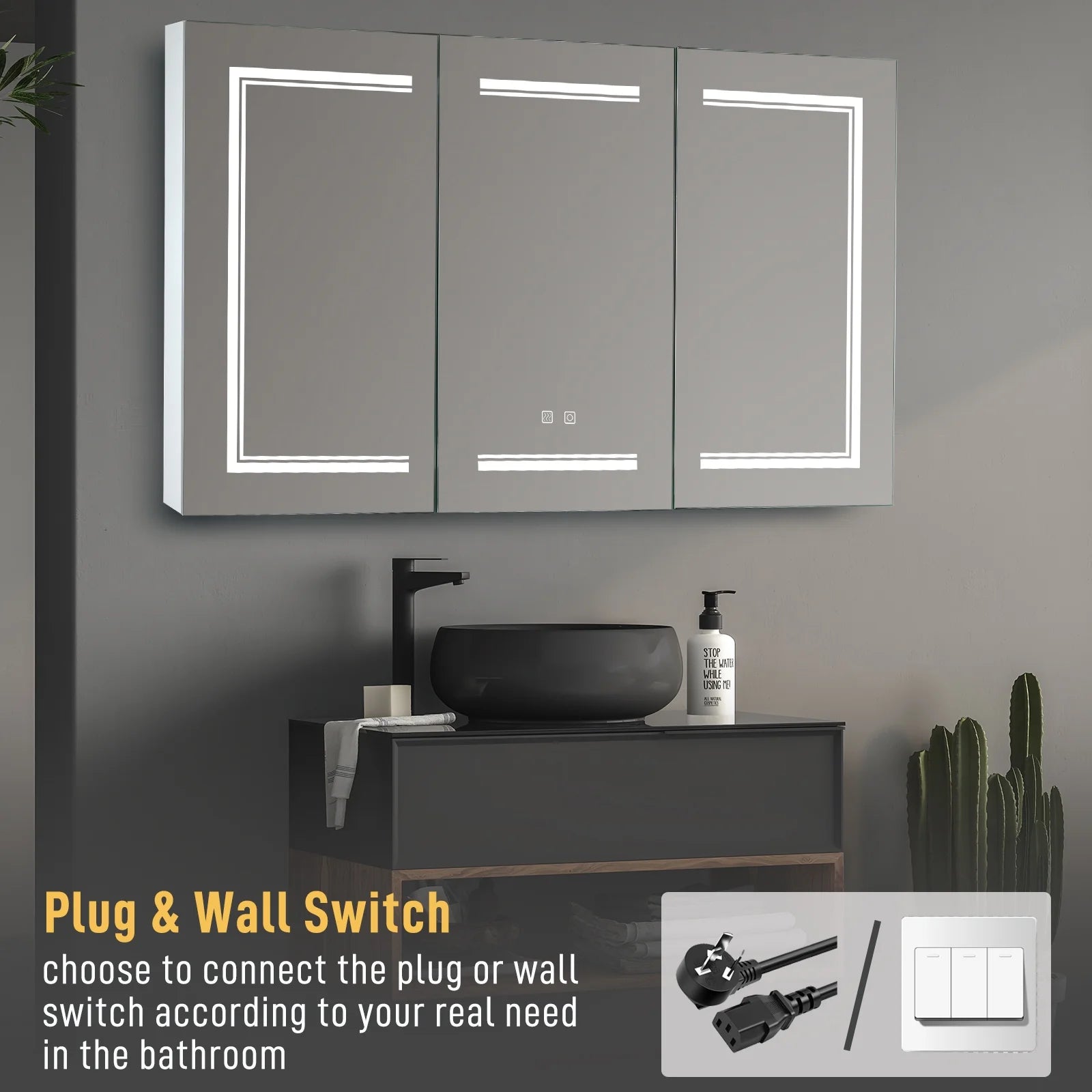 Ktaxon 48"x28" LED Bathroom Mirror Cabinet with Lights, Wall-Mounted Medicine w/ Defogger, Dimmable, Memory function, Outlets & USB, White