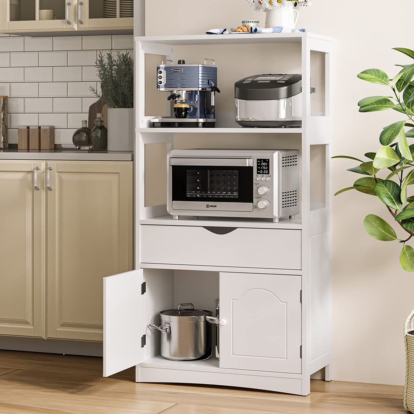 Sideboard Storage Cabinet with Drawer&Shelves, Kitchen Pantry Storage Cabinet with Microwave Space&Cupboard, Modern Freestanding Floor Bathroom Cabinet/Bookshelf for Home Office, White