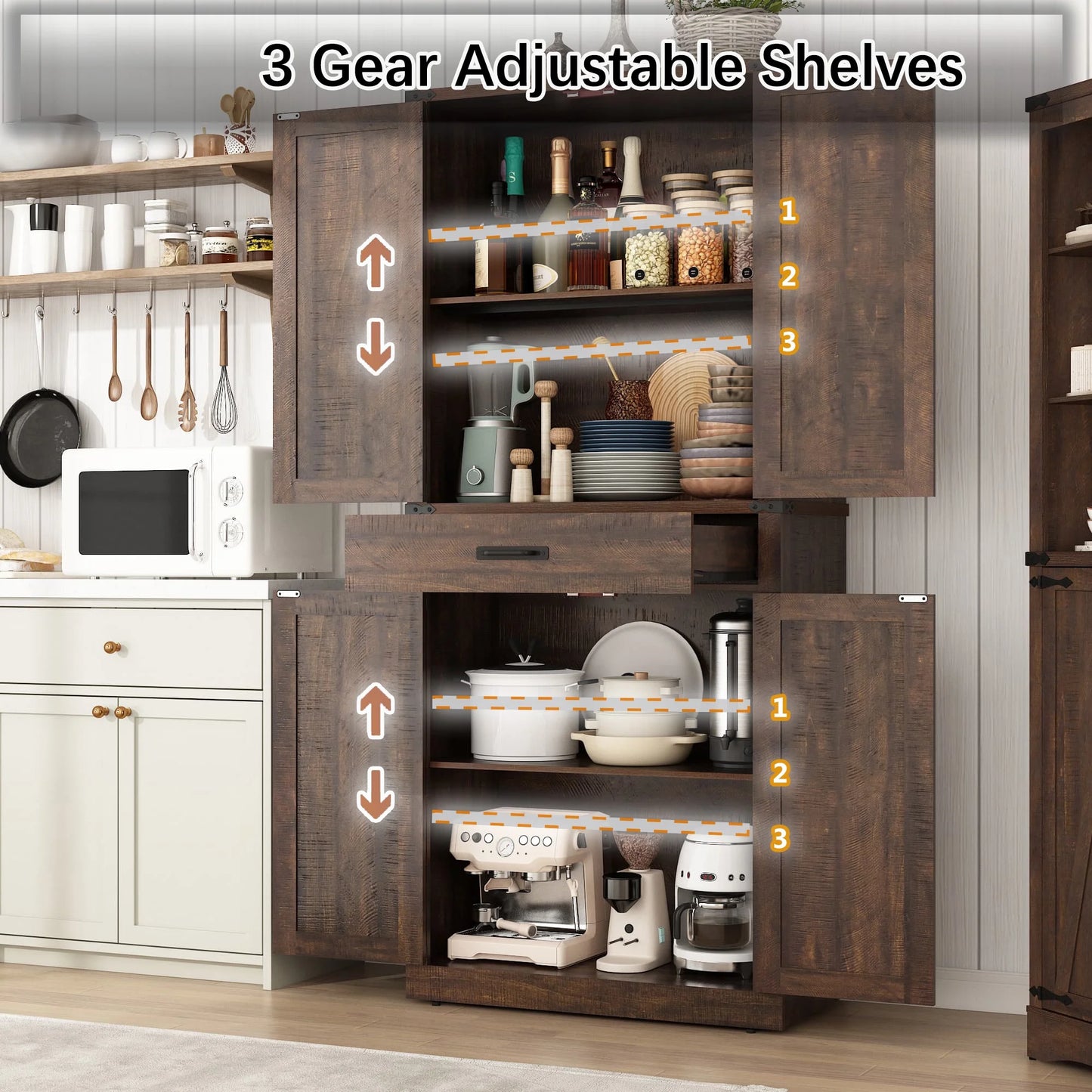 72" Tall Kitchen Pantry, Farmhouse Pantry Cabinet with 1 Drawer & 4 Layer Adjustable Shelves, Rustic Wood Storage Cupboard with Metal Load-Bearing Pipe for Kitchen Bathroom Living Room Hallway