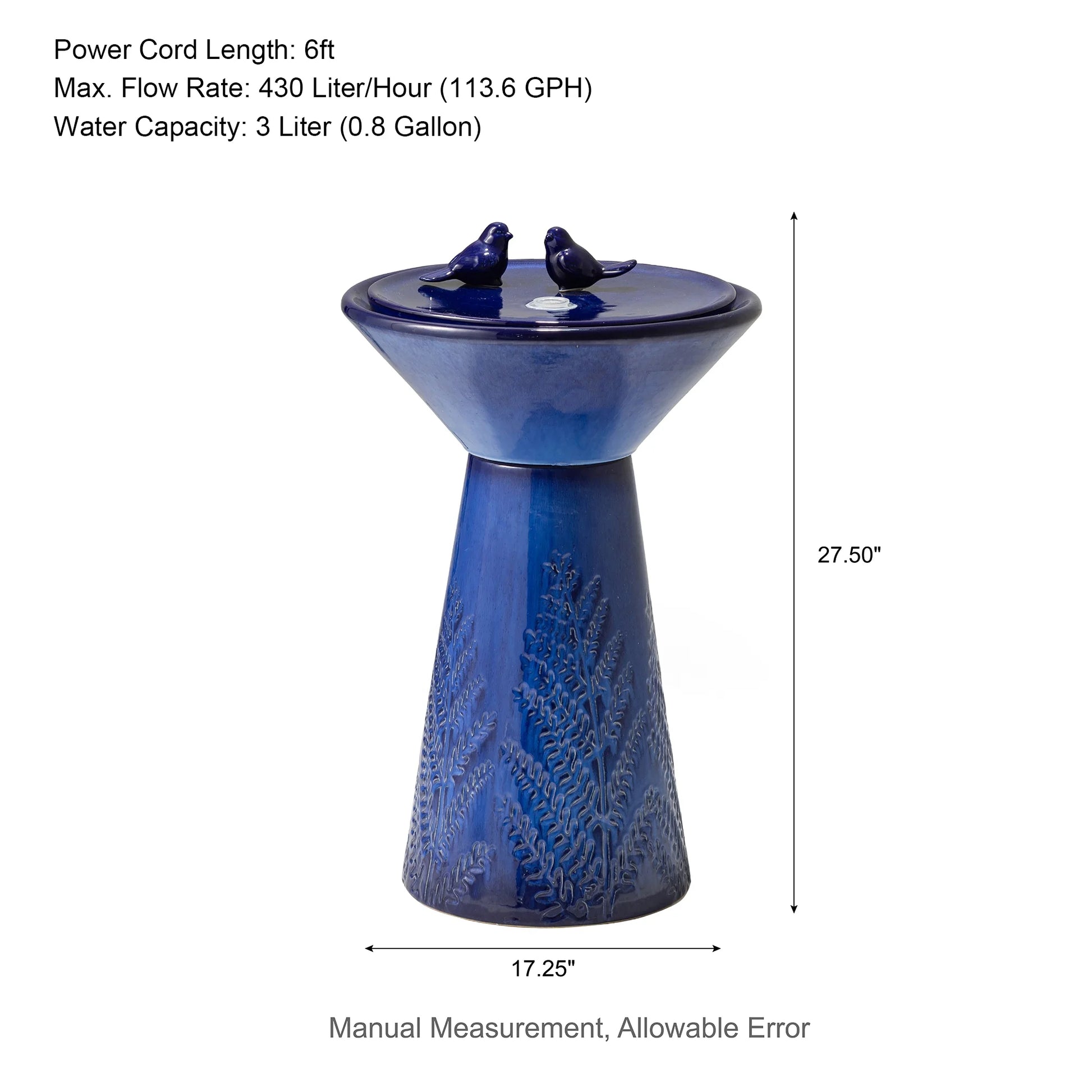 Glitzhome 27.5" Fountain with Pump and LED Light Embossed Pedestal Ceramic Bird Bath, Turquoise