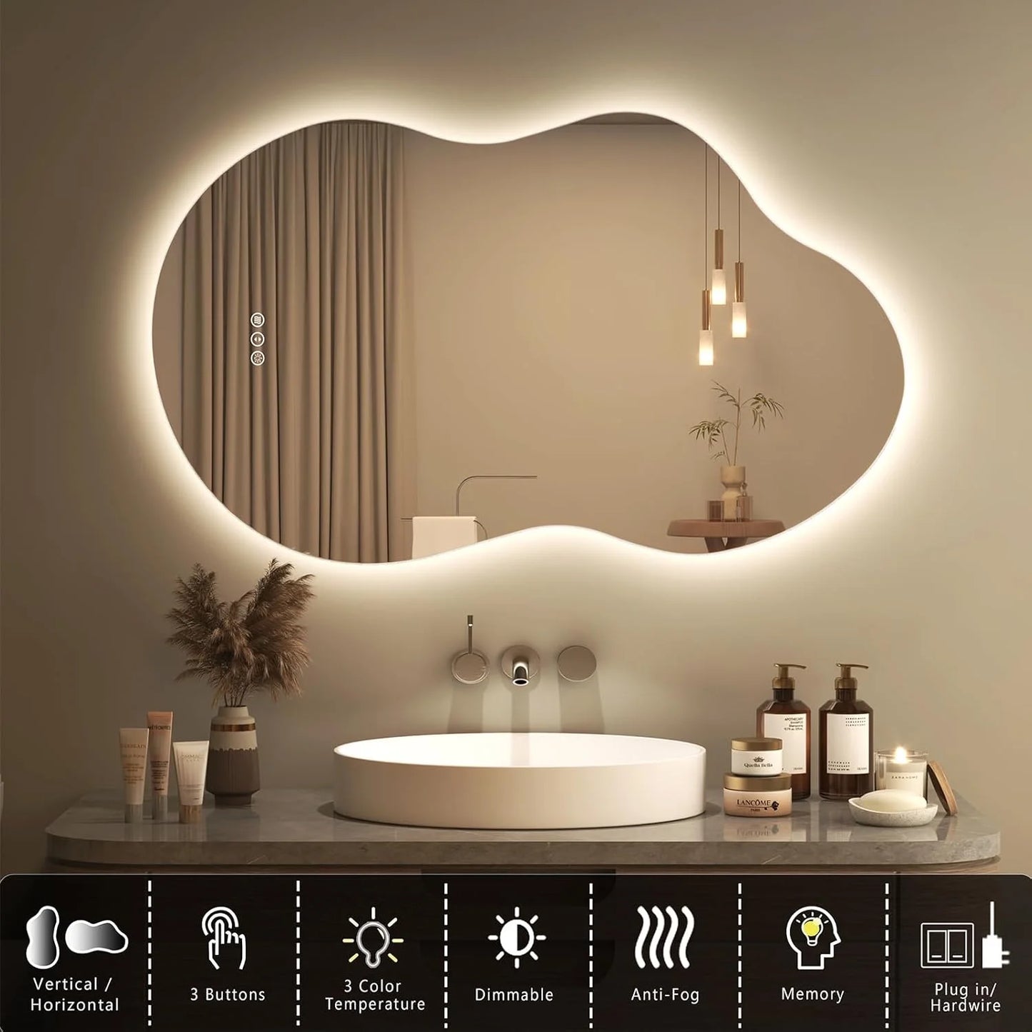 Irregular 32"x 24" Led Bathroom Mirror with Lights, Backlit Cloud-Shape Vanity Mirror for Wall, Dimmable 3 Colors Asymmetrical Mirror, Memory Function