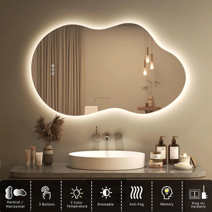 Irregular 32"x 24" Led Bathroom Mirror with Lights, Backlit Cloud-Shape Vanity Mirror for Wall, Dimmable 3 Colors Asymmetrical Mirror, Memory Function
