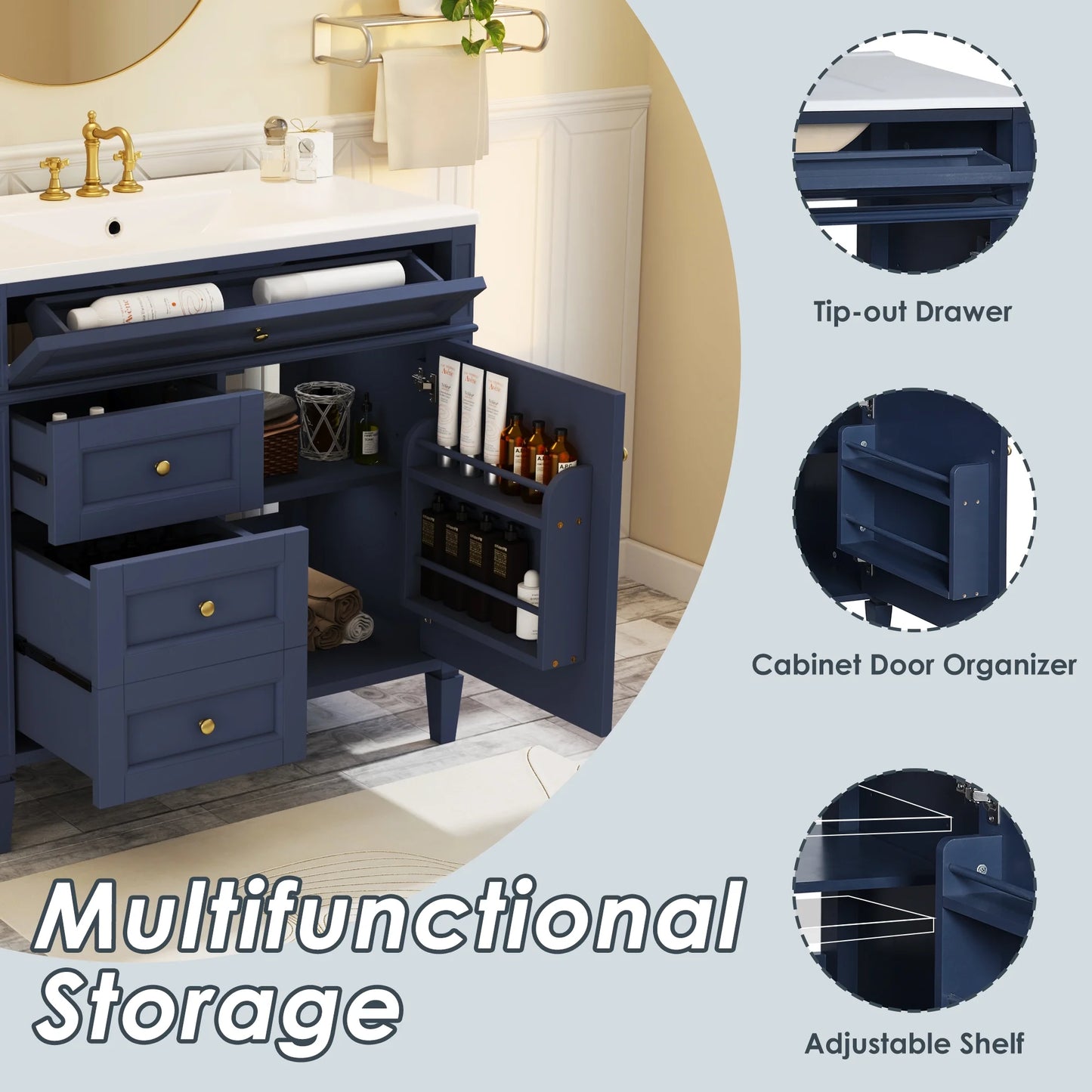 EUROCO 36'' Bathroom Vanity with Sink, Modern Bathroom Storage Cabinet with 2 Drawers and a Tip-out Drawer, Freestanding Bathroom Dresser, Blue