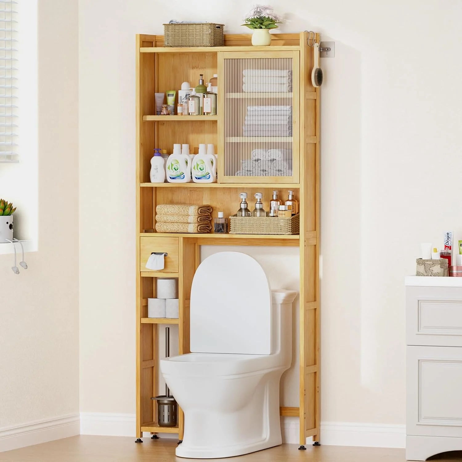Over The Toilet Storage Cabinet with Acrylic Door Panel and Paper Towel Drawer, Bamboo Space Saver Shelf, Bathroom Organizer Rack Above WC (Without Power Strip, Brown)
