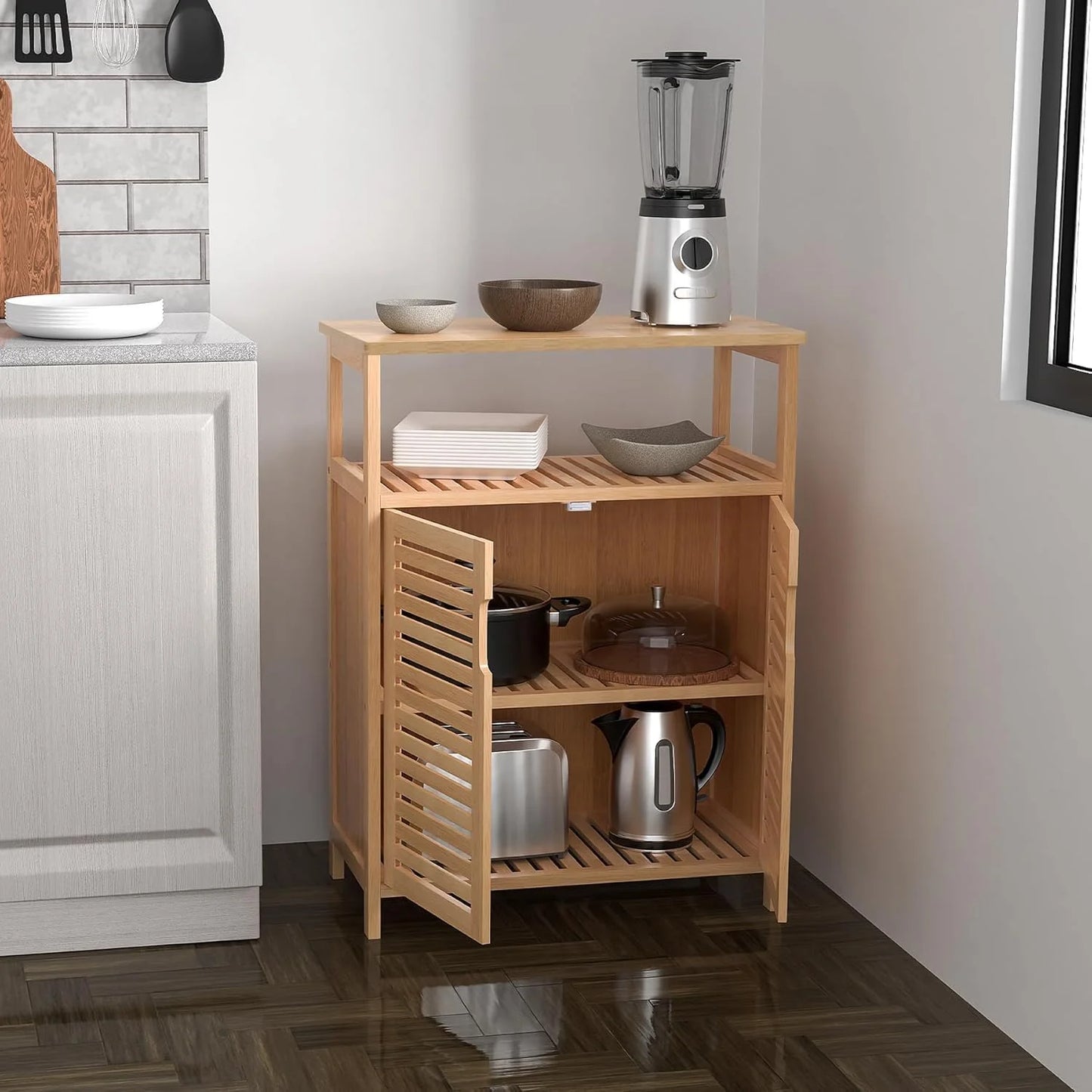 Bamboo Bathroom Storage Cabinet with 2 Doors, Bathroom Floor Freestanding Cabinets Organizer for Living Room, Kitchen, Entryway