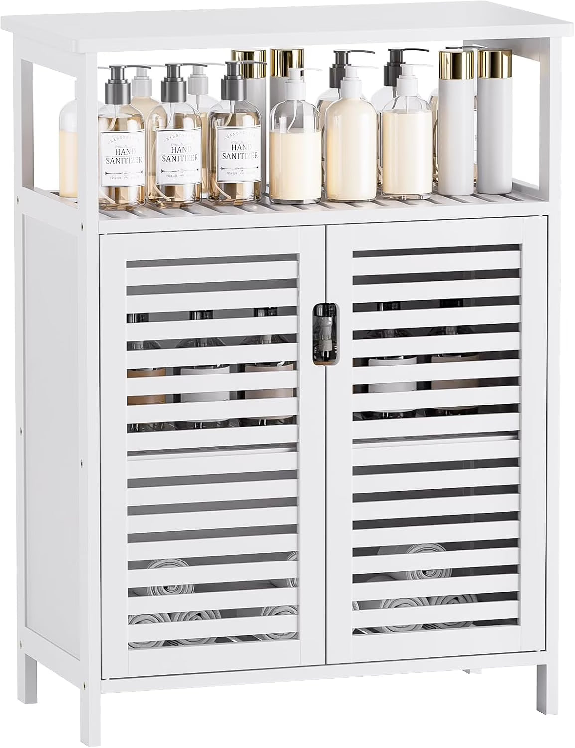 Bathroom Cabinet Freestanding, Bamboo Storage Cabinet 4-Tier Floor Cupboard with Door and Shelf for Bathroom, Kitchen, Hallway, Natural