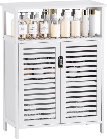 Bathroom Cabinet Freestanding, Bamboo Storage Cabinet 4-Tier Floor Cupboard with Door and Shelf for Bathroom, Kitchen, Hallway, Natural