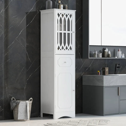 Tall Bathroom Storage Cabinet, Freestanding Storage Cabinet with Drawer and Double Acrylic Doors, Modern Bath Organizer Cabinet with Adjustable Shelf, White