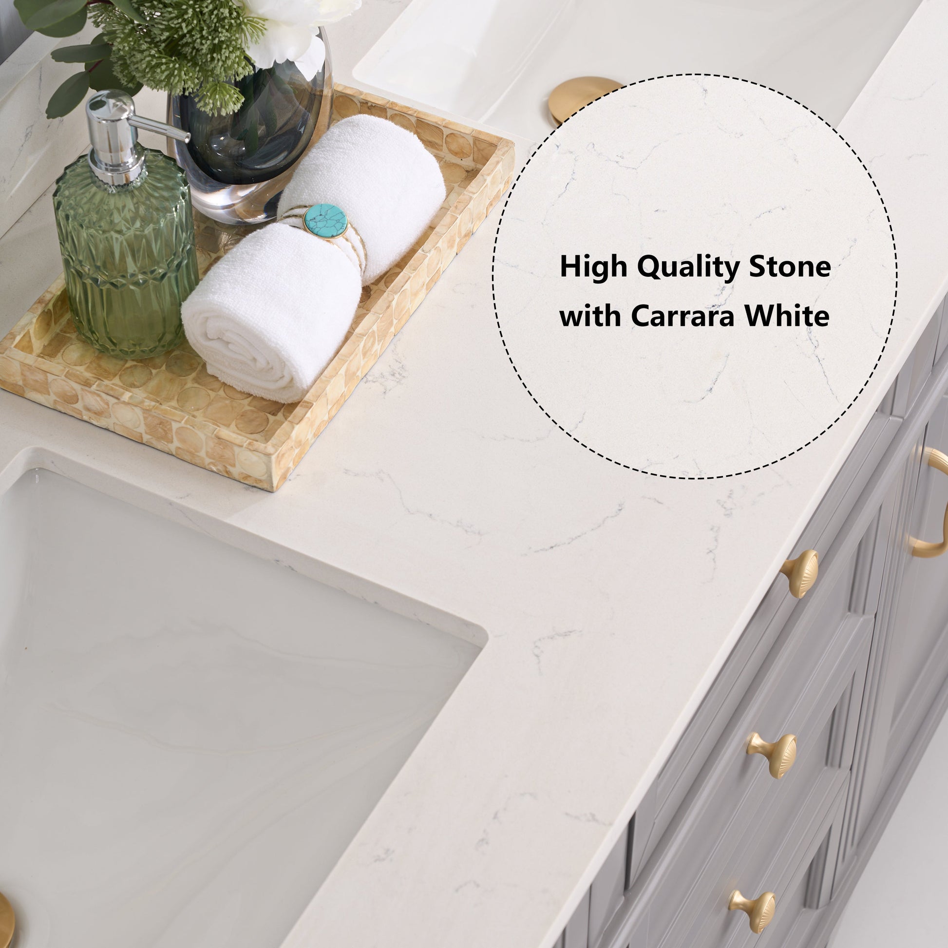 FORCLOVER 36" Bathroom Vanity with Sink Top Combo Set, Freestanding Solid Wood Bathroom Makeup Cabinet W/ 1 Soft-Close Door and 3 Soft-Close Drawers, Carrara White Quartz Countertop, Grey