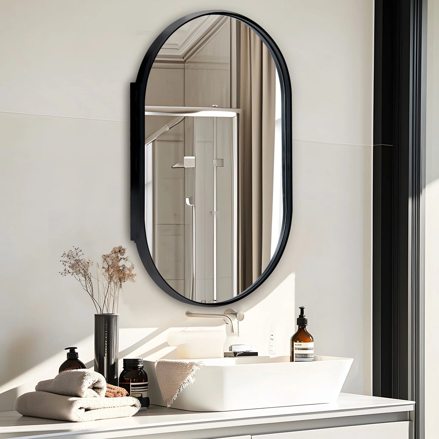 Soges Oval Bathroom Mirror Cabinet Medicine Cabinet Iron Frame with 2 Adjustable Shelves, Recess or Surface Mounted Installation, 34" x 20", Black