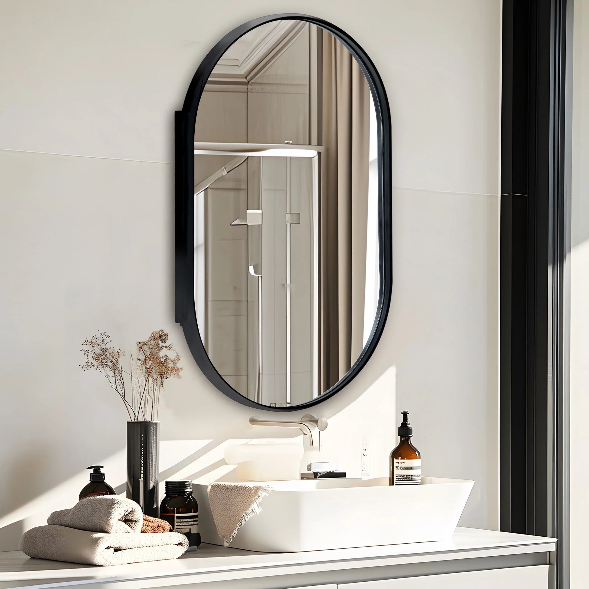 Soges Oval Bathroom Mirror Cabinet Medicine Cabinet Iron Frame with 2 Adjustable Shelves, Recess or Surface Mounted Installation, 34" x 20", Black