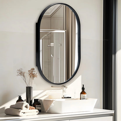 Soges Oval Bathroom Mirror Cabinet Medicine Cabinet Iron Frame with 2 Adjustable Shelves, Recess or Surface Mounted Installation, 34" x 20", Black