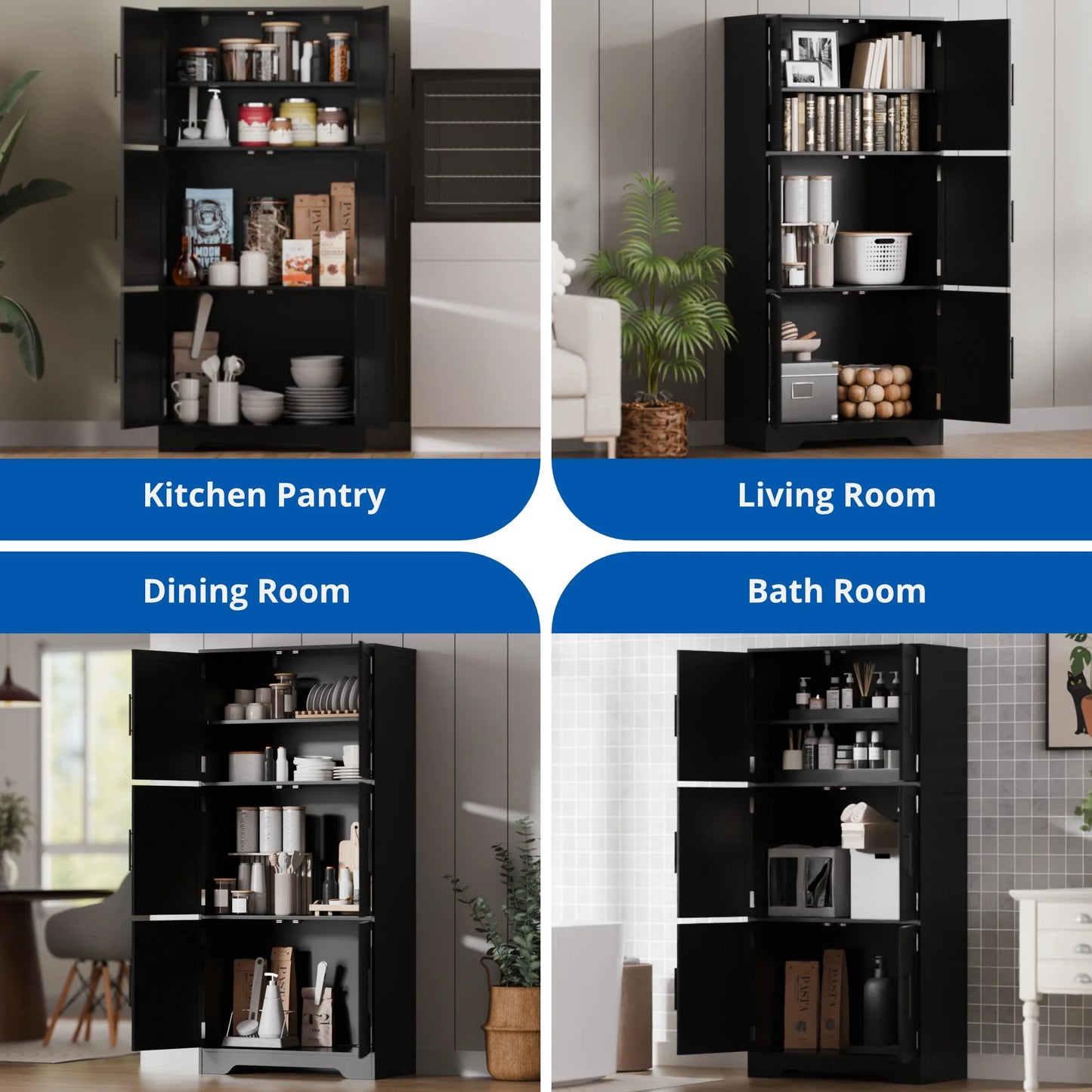 Cozy Castle 68.5" Kitchen Pantry Storage Cabinet with 6 Doors and 3 Shelves Tall Food Pantry Cabinet 4-Tier White Cabinet for Kitchen Living Room Dining Room Bathroom