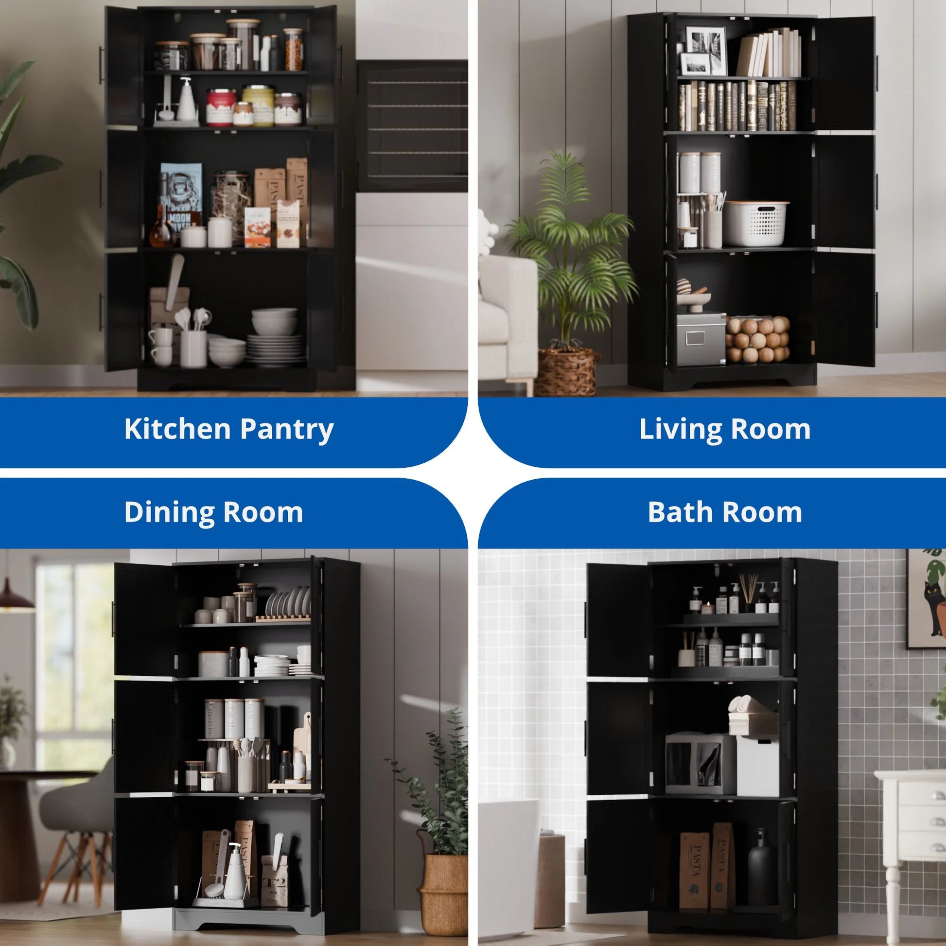 Cozy Castle 68.5" Kitchen Pantry Storage Cabinet with 6 Doors and 3 Shelves Tall Food Pantry Cabinet 4-Tier White Cabinet for Kitchen Living Room Dining Room Bathroom