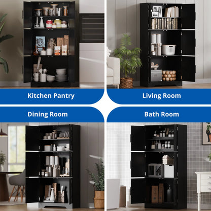 Cozy Castle 68.5" Kitchen Pantry Storage Cabinet with 6 Doors and 3 Shelves Tall Food Pantry Cabinet 4-Tier White Cabinet for Kitchen Living Room Dining Room Bathroom