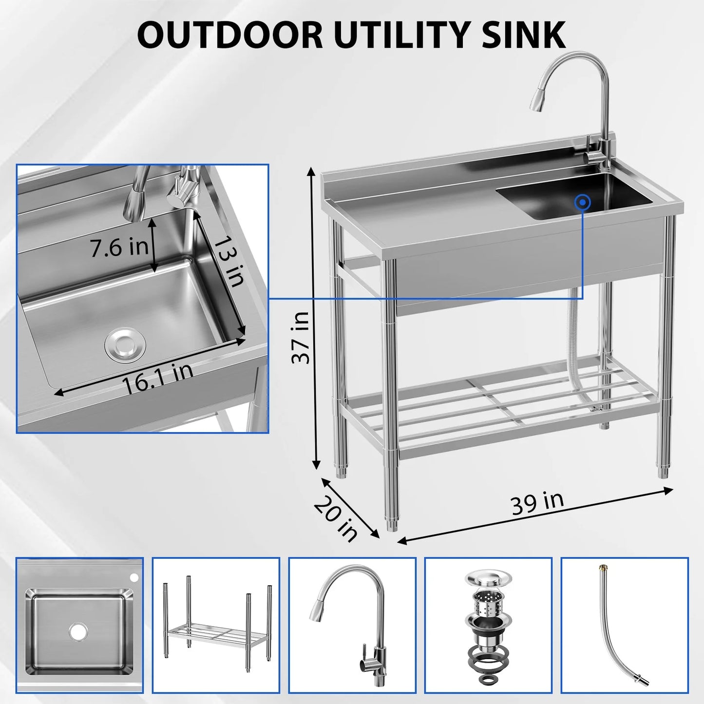Garvee Utility Sink,39"x20"x37" Freestanding Single Bowl Kitchen Sink with Faucet & Drainboard,Stainless Steel Sink with Storage Shelves for Laundry Room Bathroom Farmhouse