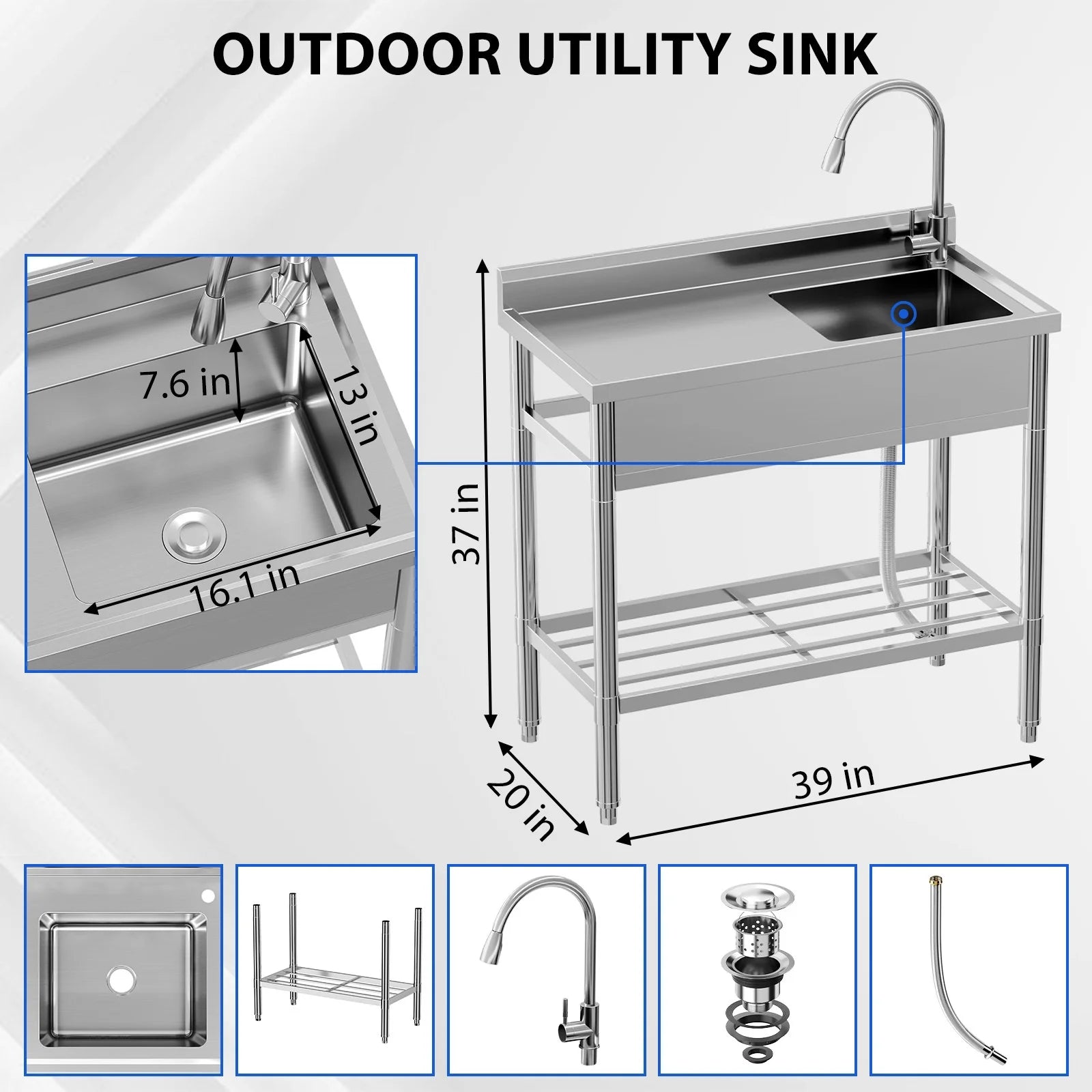 Garvee Utility Sink,39"x20"x37" Freestanding Single Bowl Kitchen Sink with Faucet & Drainboard,Stainless Steel Sink with Storage Shelves for Laundry Room Bathroom Farmhouse
