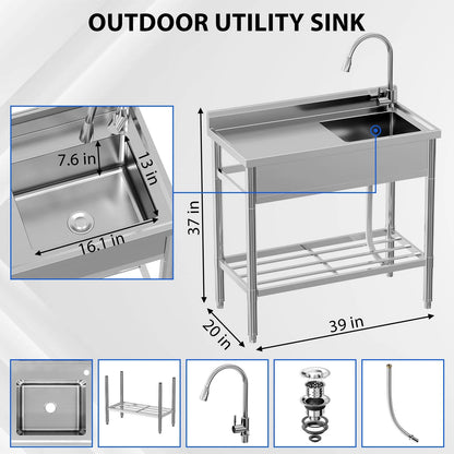 Garvee Utility Sink,39"x20"x37" Freestanding Single Bowl Kitchen Sink with Faucet & Drainboard,Stainless Steel Sink with Storage Shelves for Laundry Room Bathroom Farmhouse
