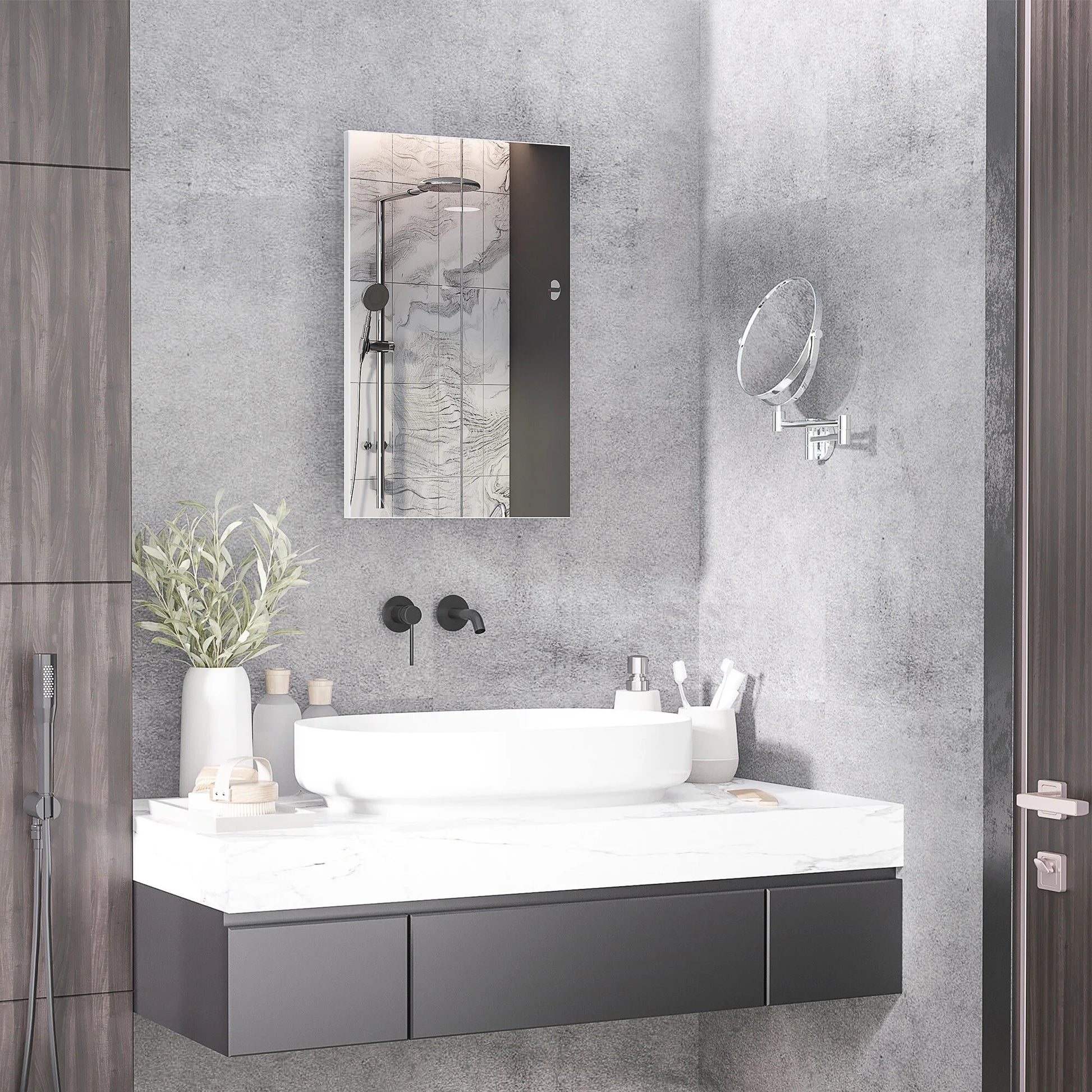 Kleankin Recessed Medicine Cabinet with Mirror,Bathroom Mirror Cabinet Wall Mounted with Single Door and Storage Shelves,White,White Stainless Steel Bath Faucets Bathroom Storage