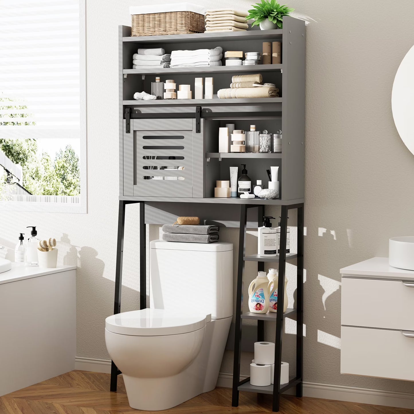 Walsunny Over the Toilet Storage Cabinet with Sliding Barn Door Side Shelves Bathroom Restroom Toilet Shelf Organizer Rack Space Saver Freestanding White