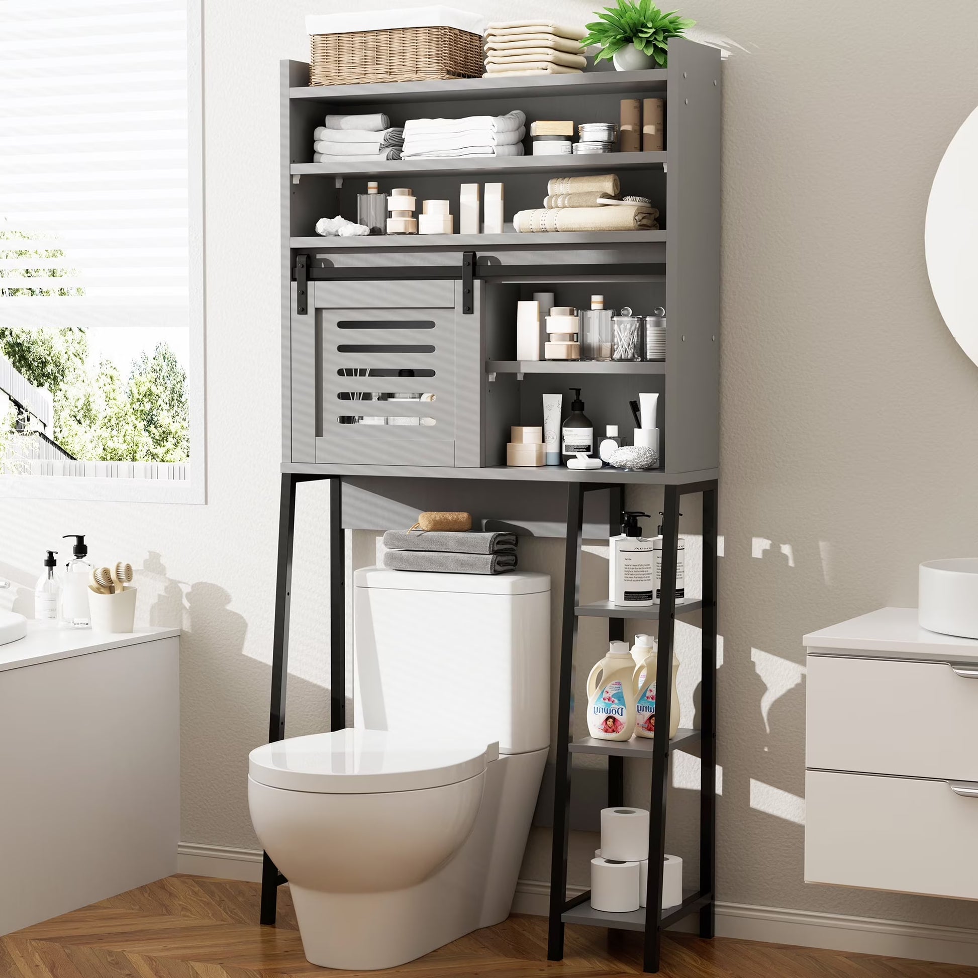 Walsunny Over the Toilet Storage Cabinet with Sliding Barn Door Side Shelves Bathroom Restroom Toilet Shelf Organizer Rack Space Saver Freestanding White