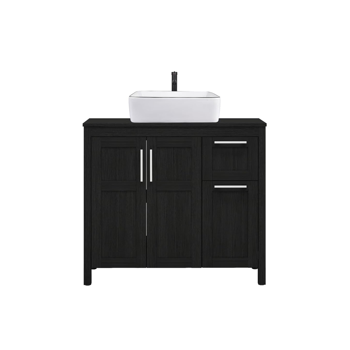 PULUOMIS 36 Inches Bathroom Vanity in Black Finish with Glass Boat-Shaped Vessel Sink, Single Bathroom Vanity with Top, 2-Door Cabinet and 2 Drawers