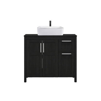 PULUOMIS 36 Inches Bathroom Vanity in Black Finish with Glass Boat-Shaped Vessel Sink, Single Bathroom Vanity with Top, 2-Door Cabinet and 2 Drawers