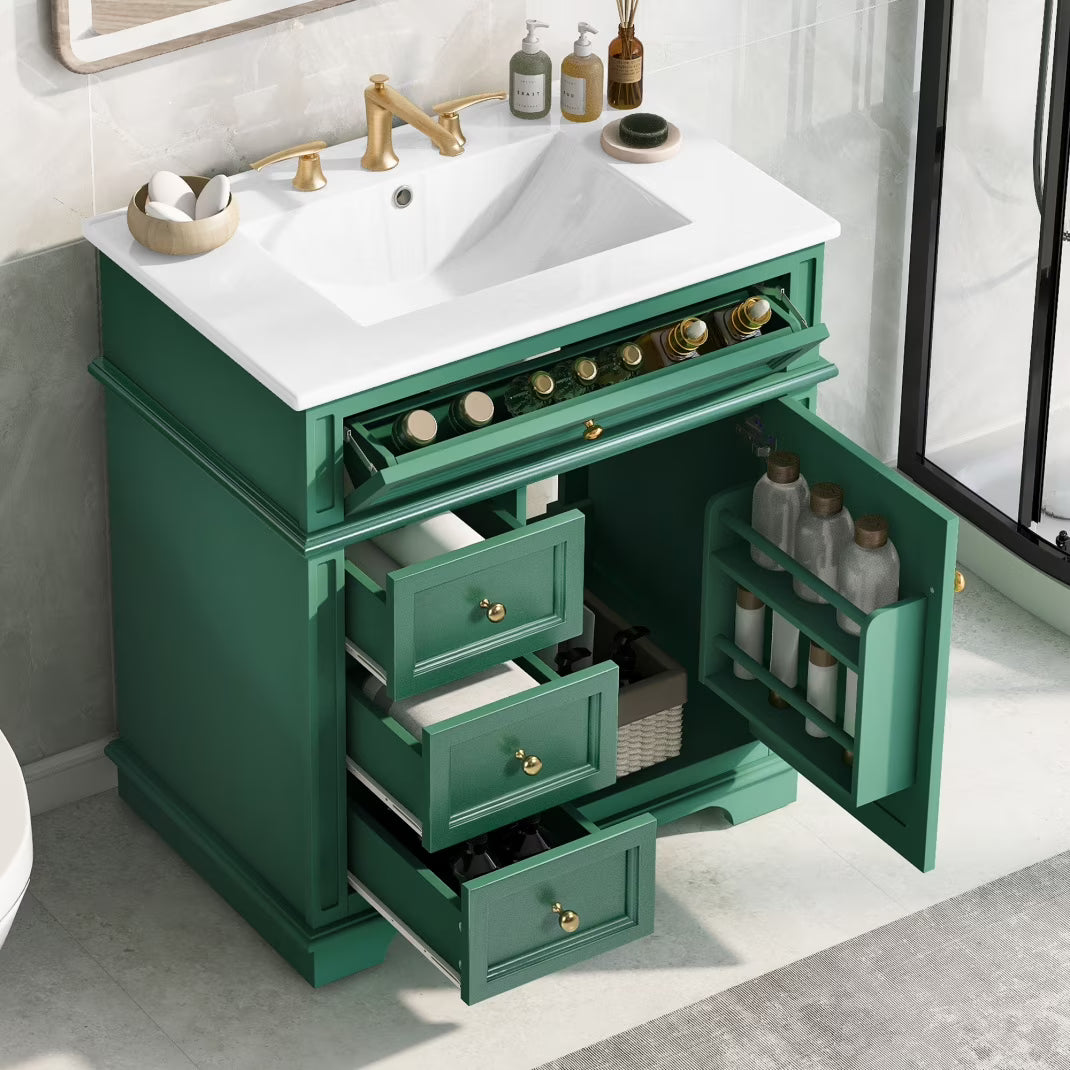 30 Inch Bathroom Vanity with Sink Combo, Solid Wood Frame Bathroom Vanities with 3 Drawers and 1 Tip-out Drawer & Soft Closing Doors, Modern Bathroom Sink Cabinet with Undermount Sink (White)