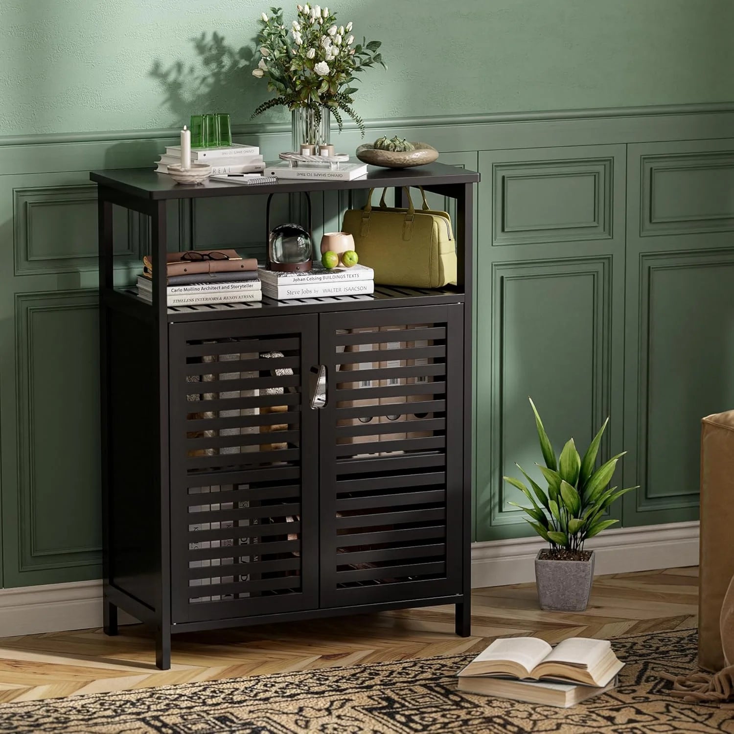 Bathroom Cabinet Freestanding, Bamboo Storage Cabinet 4-Tier Floor Cupboard with Door and Shelf for Bathroom, Kitchen, Hallway, Natural