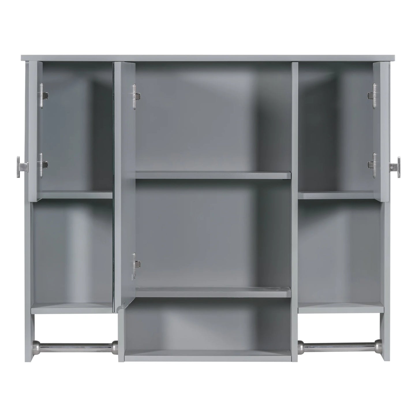 Royard Oaktree Bathroom Medicine Cabinet with Mirror, Bathroom Storage Cabinet with 3 Doors and Open Shelves, Wall Mounted Cabinet Space Saver with Towel Bars, Grey