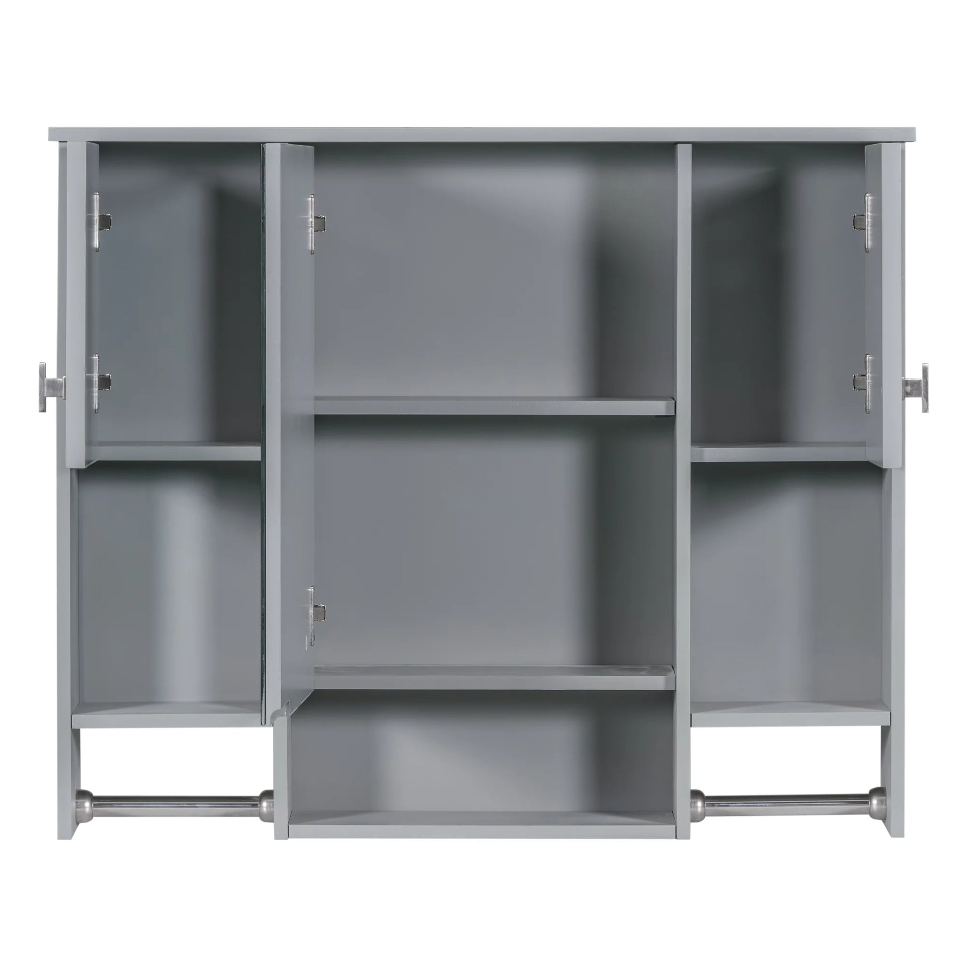 Royard Oaktree Bathroom Medicine Cabinet with Mirror, Bathroom Storage Cabinet with 3 Doors and Open Shelves, Wall Mounted Cabinet Space Saver with Towel Bars, Grey