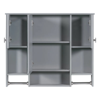 Royard Oaktree Bathroom Medicine Cabinet with Mirror, Bathroom Storage Cabinet with 3 Doors and Open Shelves, Wall Mounted Cabinet Space Saver with Towel Bars, Grey