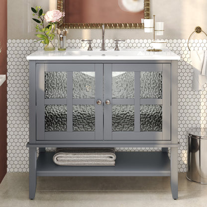 Christopher Knight Home 36" Bathroom Vanity with Sink, Textured Glass Doors, Open Shelf, White
