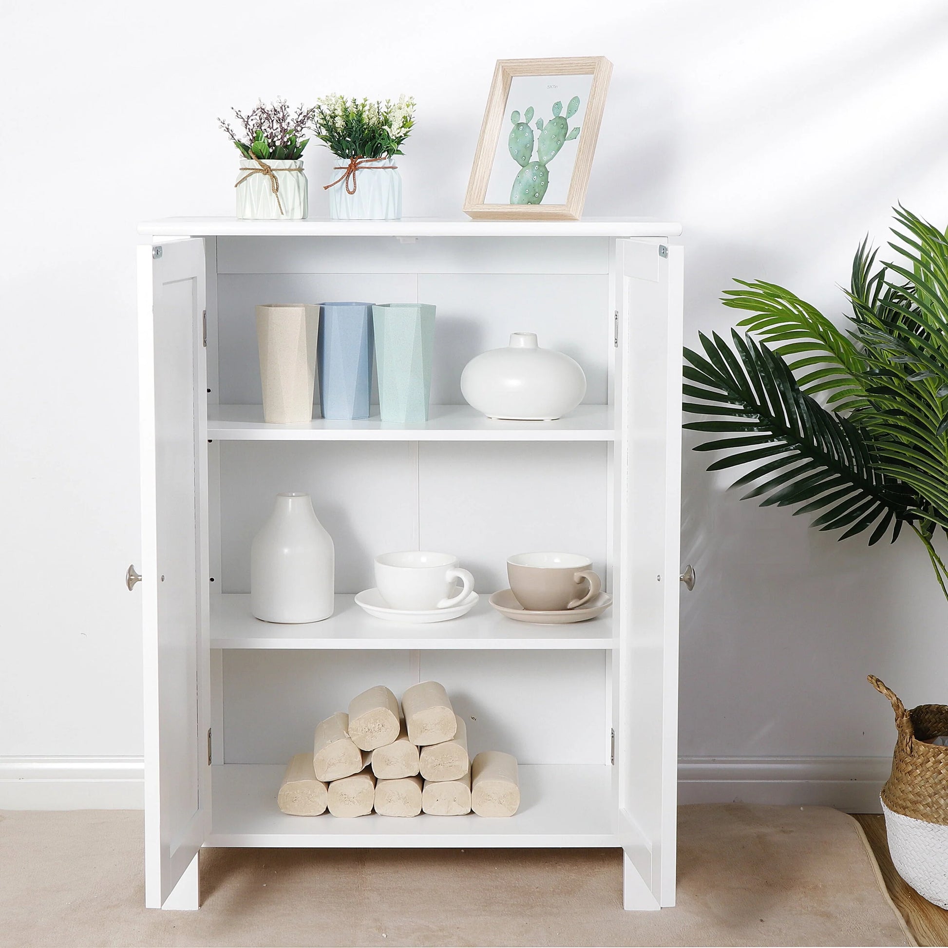 HomGarden 2-Door Bathroom Floor Storage Cabinet Side Cupboard W/ Adjustable Shelves, 11.8'' W, White