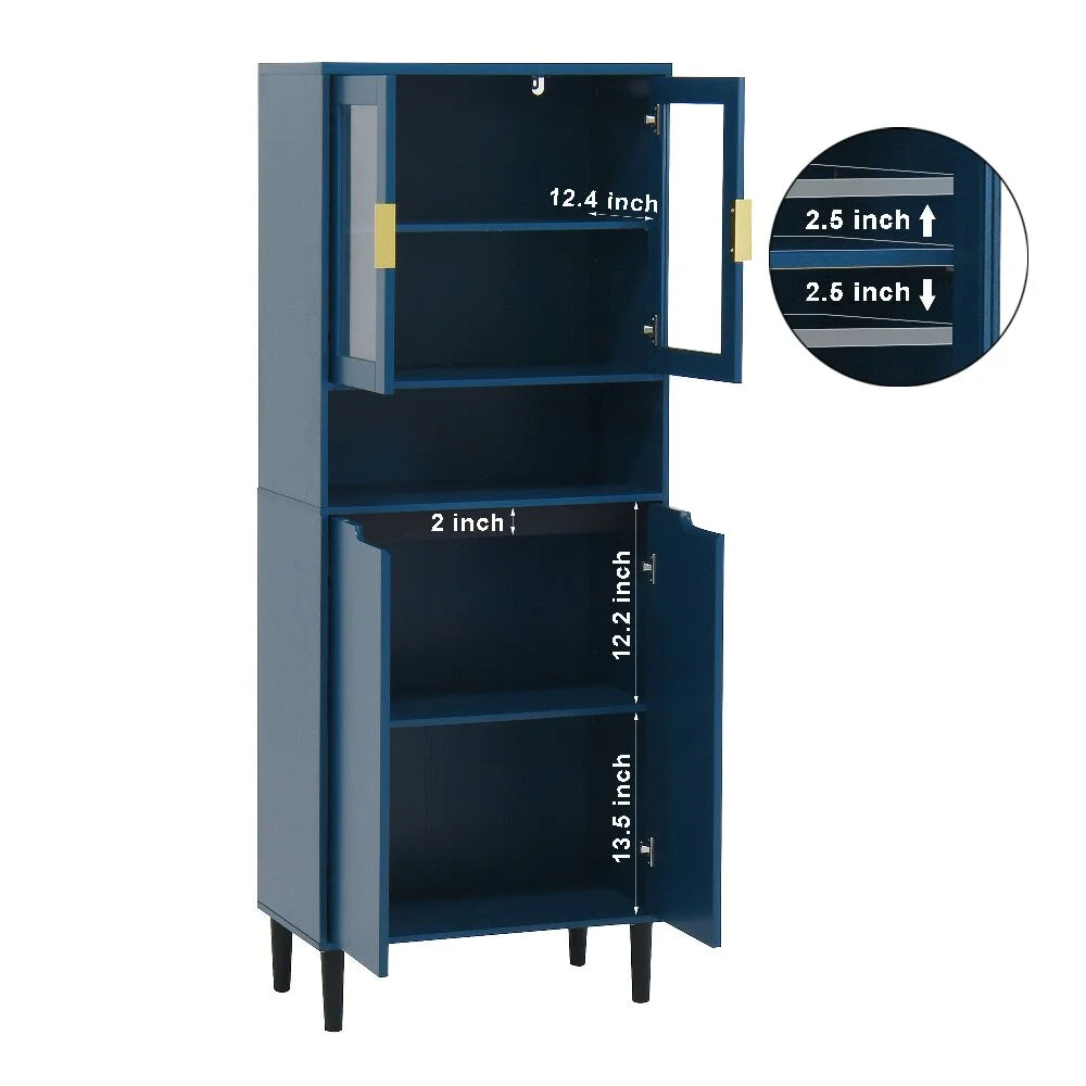Kepooman Tall Storage Show Cabinet with 2 Glass Display Door & 2 Doors, Tall Kitchen Pantry Cabinet with Gold Handles, Modern Cabinet Freestanding for Bathroom, Dining Living Room, Blue