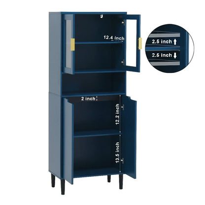 Kepooman Tall Storage Show Cabinet with 2 Glass Display Door & 2 Doors, Tall Kitchen Pantry Cabinet with Gold Handles, Modern Cabinet Freestanding for Bathroom, Dining Living Room, Blue