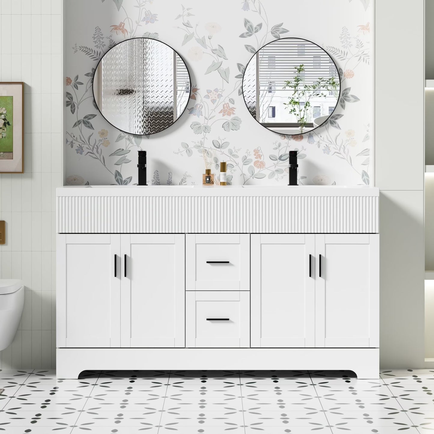 Eclife 60" Double Sink Bathroom Vanity with Resin Sink Top and Zinc Alloy Faucet