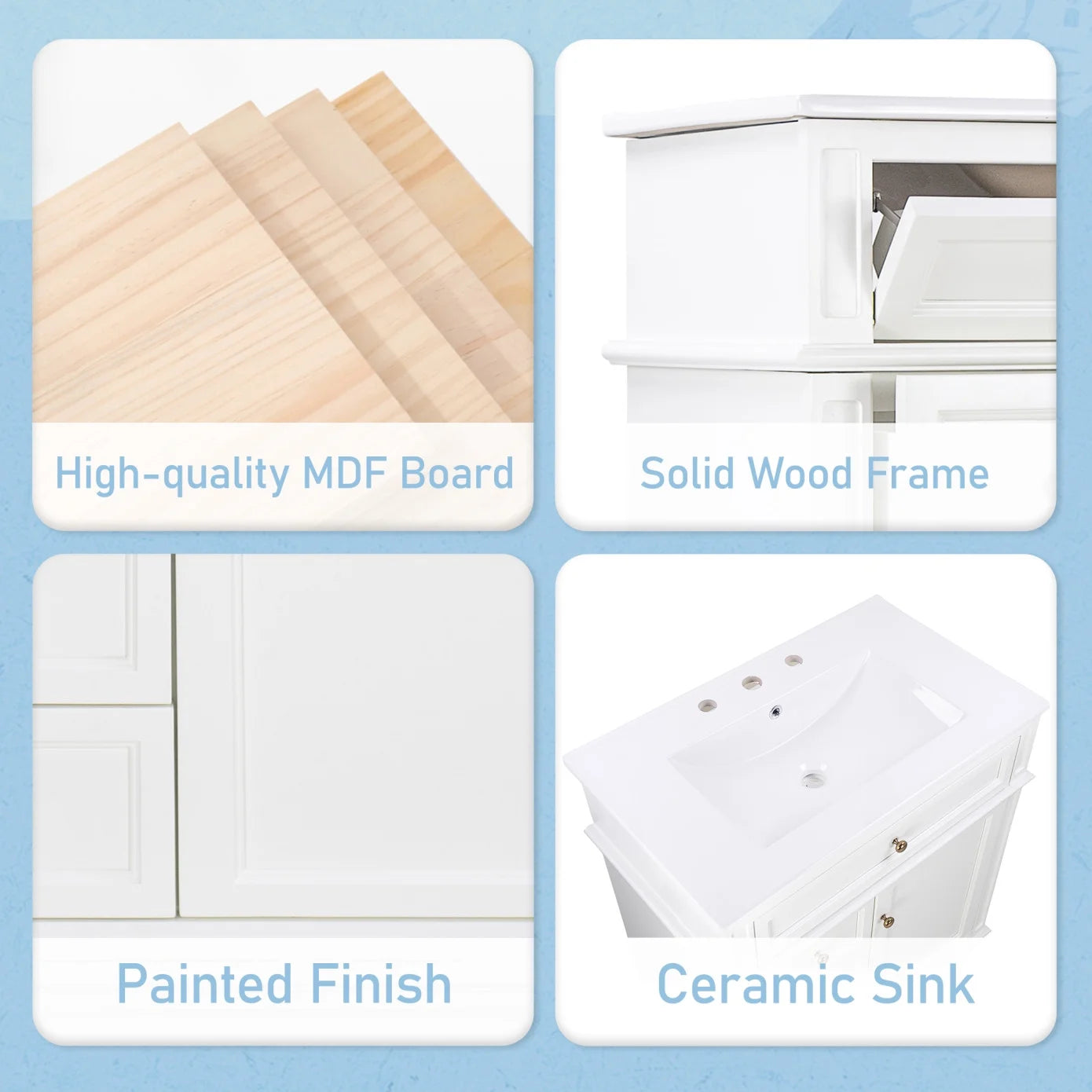 30 Inch Bathroom Vanity with Sink Combo, Solid Wood Frame Bathroom Vanities with 3 Drawers and 1 Tip-out Drawer & Soft Closing Doors, Modern Bathroom Sink Cabinet with Undermount Sink (White)