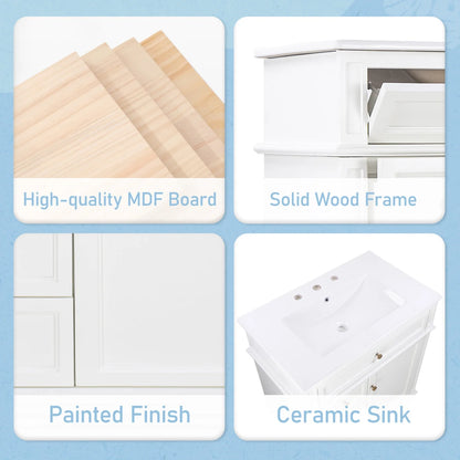 30 Inch Bathroom Vanity with Sink Combo, Solid Wood Frame Bathroom Vanities with 3 Drawers and 1 Tip-out Drawer & Soft Closing Doors, Modern Bathroom Sink Cabinet with Undermount Sink (White)