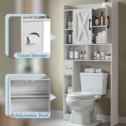 Lacoo Over The Toilet Storage Cabinet with Barn Doors, Farmhouse Style Space Saver for Over Toilet Storage with Toilet Paper Holder, for Bathroom, Restroom, White